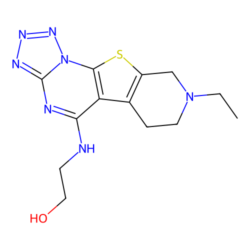 2-((8-ethyl-6,7,8,9-tetrahydropyrido[4',3':4,5]thieno[3,2-e]tetrazolo[1,5-a]pyrimidin-5-yl)amino)ethanol structure