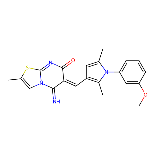 (6Z)-5-imino-6-[[1-(3-methoxyphenyl)-2,5-dimethylpyrrol-3-yl]methylidene]-2-methyl-[1,3]thiazolo[3,2-a]pyrimidin-7-one structure