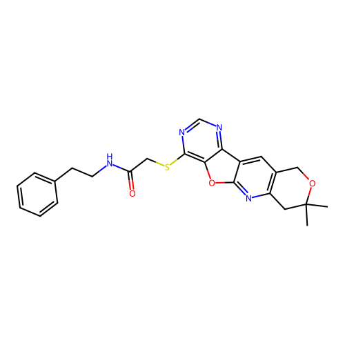 2-[(8,8-dimethyl-7,10-dihydro-8H-pyrano[3'',4'':5',6']pyrido[3',2':4,5]furo[3,2-d]pyrimidin-4-yl)sulfanyl]-N-(2-phenylethyl)acetamide structure
