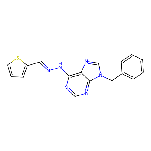 9-benzyl-6-[(2E)-2-(thiophen-2-ylmethylidene)hydrazinyl]-9H-purine structure