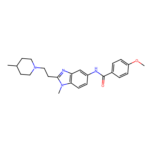 4-methoxy-N-[1-methyl-2-[2-(4-methyl-1-piperidyl)ethyl]benzoimidazol-5-yl]benzamide structure