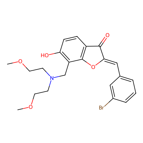 (2Z)-7-{[bis(2-methoxyethyl)amino]methyl}-2-[(3-bromophenyl)methylidene]-6-hydroxy-2,3-dihydro-1-benzofuran-3-one structure