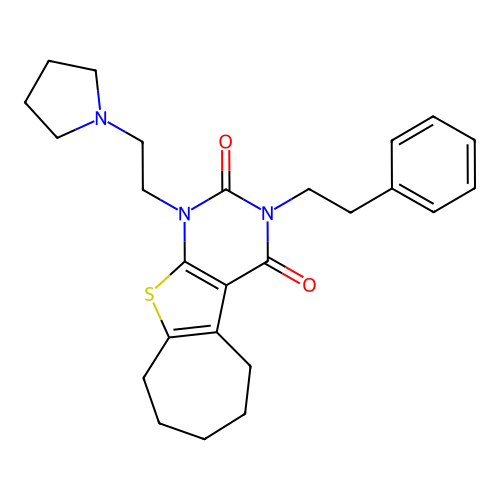 3-(2-phenylethyl)-1-[2-(pyrrolidin-1-yl)ethyl]-1,5,6,7,8,9-hexahydro-2H-cyclohepta[4,5]thieno[2,3-d]pyrimidine-2,4(3H)-dione structure