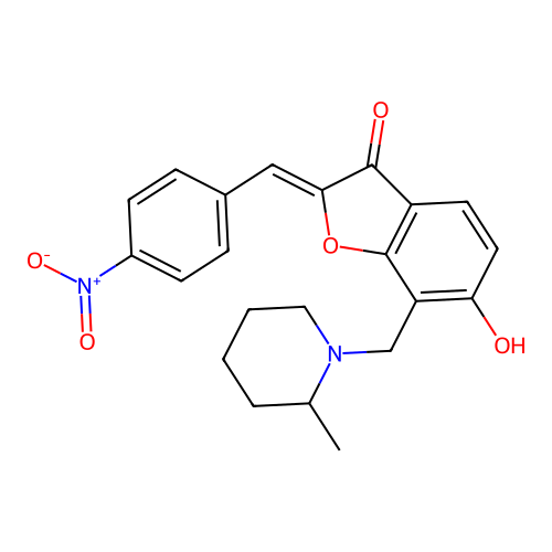6-hydroxy-7-[(2-methyl-1-piperidyl)methyl]-2-[(4-nitrophenyl)methylidene]benzofuran-3-one structure