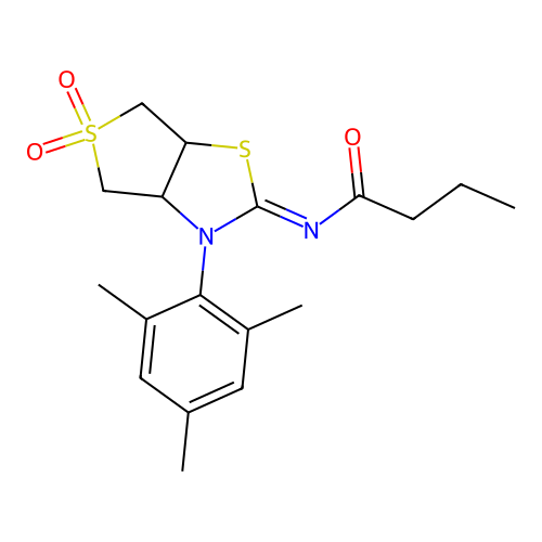 (Z)-N-(3-mesityl-5,5-dioxidotetrahydrothieno[3,4-d]thiazol-2(3H)-ylidene)butyramide structure