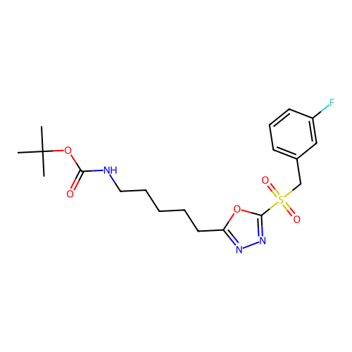 Tert-butyl N-[5-[5-[(3-fluorophenyl)methylsulfonyl]-1,3,4-oxadiazol-2-yl]pentyl]carbamate structure