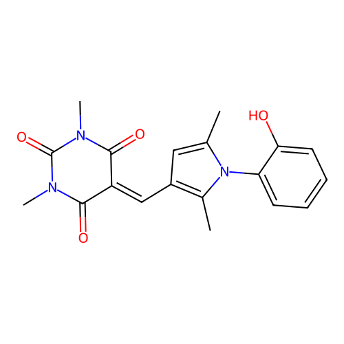 5-((1-(2-hydroxyphenyl)-2,5-dimethyl-1H-pyrrol-3-yl)methylene)-1,3-dimethylpyrimidine-2,4,6(1H,3H,5H)-trione structure