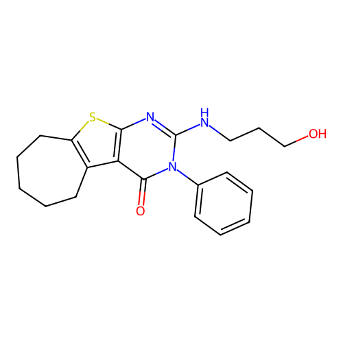 2-[(3-hydroxypropyl)amino]-3-phenyl-3,5,6,7,8,9-hexahydro-4H-cyclohepta[4,5]thieno[2,3-d]pyrimidin-4-one structure