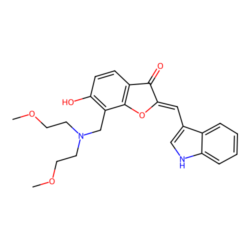 (Z)-2-((1H-indol-3-yl)methylene)-7-((bis(2-methoxyethyl)amino)methyl)-6-hydroxybenzofuran-3(2H)-one structure