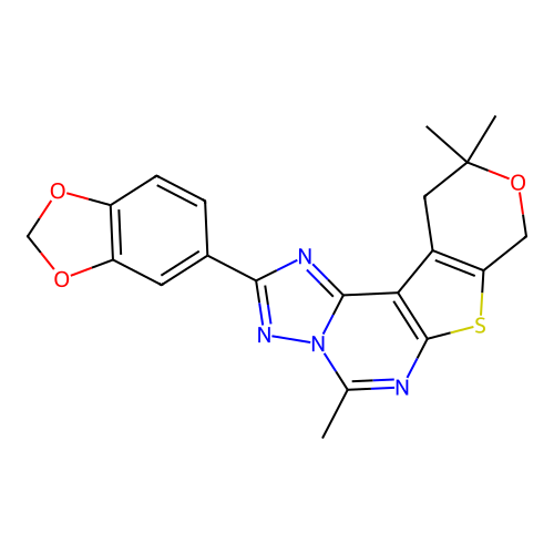 2-(1,3-benzodioxol-5-yl)-5,10,10-trimethyl-10,11-dihydro-8H-pyrano[4',3':4,5]thieno[3,2-e][1,2,4]triazolo[1,5-c]pyrimidine structure