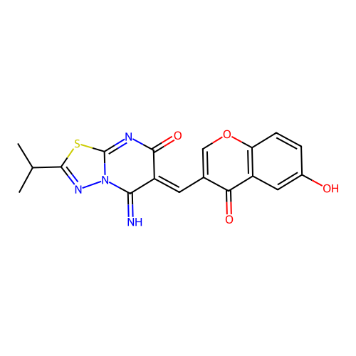 (Z)-6-((6-hydroxy-4-oxo-4H-chromen-3-yl)methylene)-5-imino-2-isopropyl-5H-[1,3,4]thiadiazolo[3,2-a]pyrimidin-7(6H)-one structure