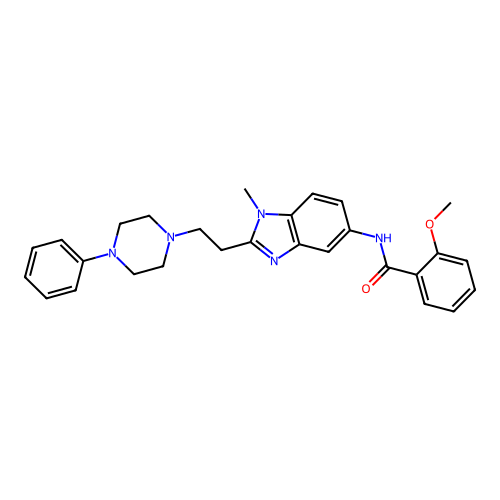 2-methoxy-N-[1-methyl-2-[2-(4-phenylpiperazin-1-yl)ethyl]benzimidazol-5-yl]benzamide structure
