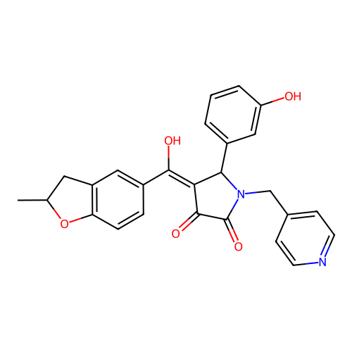 (4E)-4-[hydroxy-(2-methyl-2,3-dihydro-1-benzofuran-5-yl)methylidene]-5-(3-hydroxyphenyl)-1-(pyridin-4-ylmethyl)pyrrolidine-2,3-dione structure