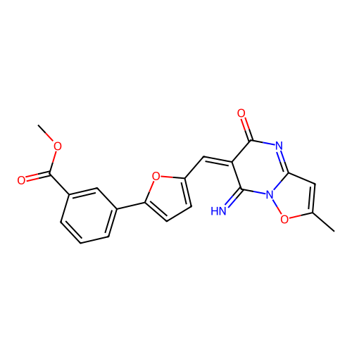 (E)-methyl 3-(5-((7-imino-2-methyl-5-oxo-5H-isoxazolo[2,3-a]pyrimidin-6(7H)-ylidene)methyl)furan-2-yl)benzoate structure