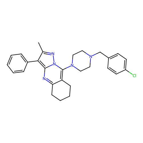 9-[4-(4-chlorobenzyl)piperazin-1-yl]-2-methyl-3-phenyl-5,6,7,8-tetrahydropyrazolo[5,1-b]quinazoline structure