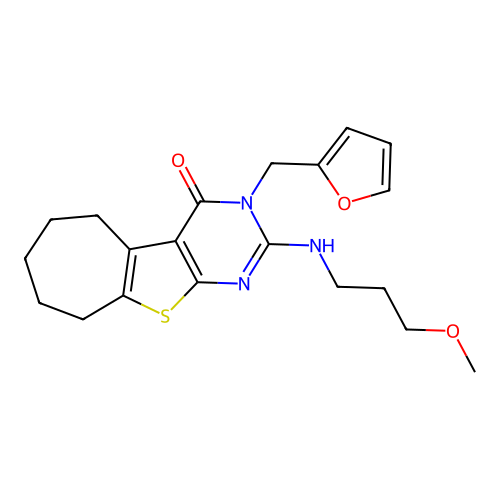 3-(furan-2-ylmethyl)-2-((3-methoxypropyl)amino)-6,7,8,9-tetrahydro-3H-cyclohepta[4,5]thieno[2,3-d]pyrimidin-4(5H)-one structure