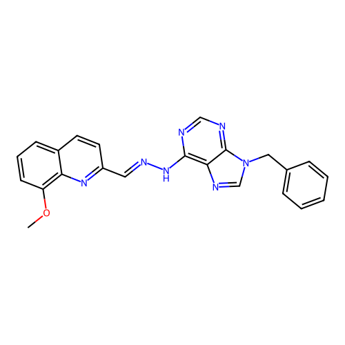 2-{(E)-[2-(9-benzyl-9H-purin-6-yl)hydrazinylidene]methyl}-8-methoxyquinoline structure