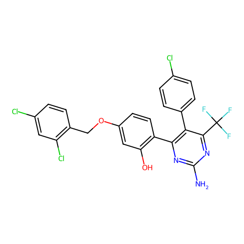2-[2-amino-5-(4-chlorophenyl)-6-(trifluoromethyl)-4-pyrimidinyl]-5-[(2,4-dichlorobenzyl)oxy]phenol structure