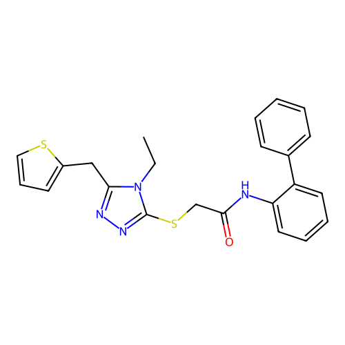 2-[[4-ethyl-5-(thiophen-2-ylmethyl)-1,2,4-triazol-3-yl]sulfanyl]-N-(2-phenylphenyl)acetamide structure