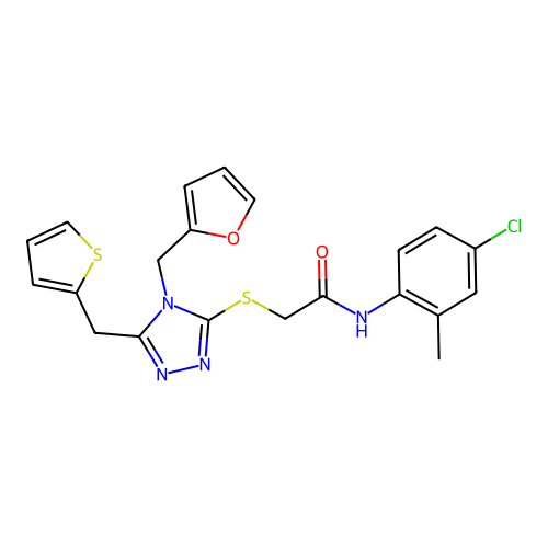 N-(4-chloro-2-methylphenyl)-2-((4-(furan-2-ylmethyl)-5-(thiophen-2-ylmethyl)-4H-1,2,4-triazol-3-yl)thio)acetamide structure
