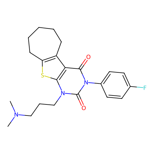 1-(3-(dimethylamino)propyl)-3-(4-fluorophenyl)-6,7,8,9-tetrahydro-1H-cyclohepta[4,5]thieno[2,3-d]pyrimidine-2,4(3H,5H)-dione structure