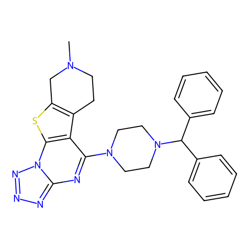 5-(4-benzhydrylpiperazin-1-yl)-8-methyl-6,7,8,9-tetrahydropyrido[4',3':4,5]thieno[3,2-e]tetrazolo[1,5-a]pyrimidine structure