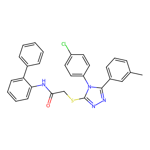 2-[[4-(4-chlorophenyl)-5-(3-methylphenyl)-1,2,4-triazol-3-yl]sulfanyl]-N-(2-phenylphenyl)acetamide structure
