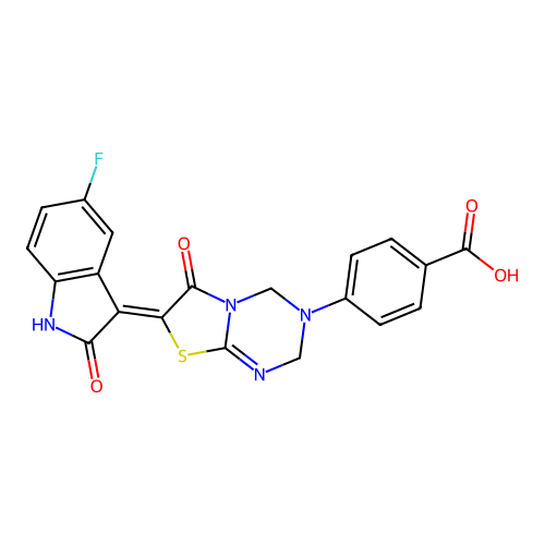 (Z)-4-(7-(5-fluoro-2-oxoindolin-3-ylidene)-6-oxo-6,7-dihydro-2H-thiazolo[3,2-a][1,3,5]triazin-3(4H)-yl)benzoic acid structure