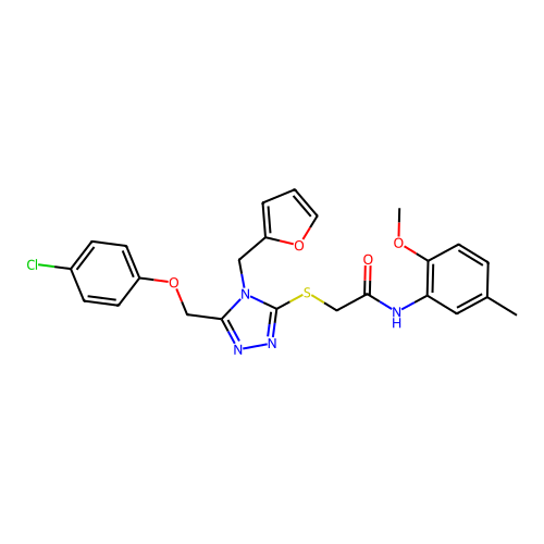 2-[[5-[(4-chlorophenoxy)methyl]-4-(furan-2-ylmethyl)-1,2,4-triazol-3-yl]sulfanyl]-N-(2-methoxy-5-methylphenyl)acetamide structure