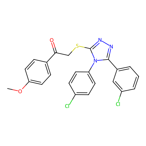 2-[[5-(3-chlorophenyl)-4-(4-chlorophenyl)-1,2,4-triazol-3-yl]sulfanyl]-1-(4-methoxyphenyl)ethanone structure