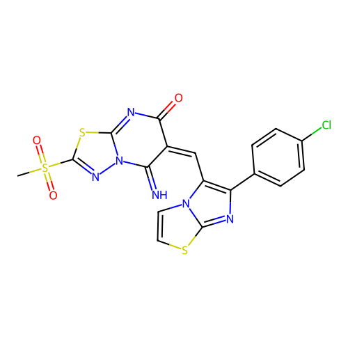 (6E)-6-[[6-(4-chlorophenyl)imidazo[2,1-b][1,3]thiazol-5-yl]methylidene]-5-imino-2-methylsulfonyl-[1,3,4]thiadiazolo[3,2-a]pyrimidin-7-one structure