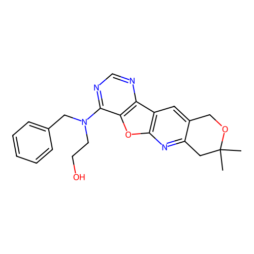 2-(benzyl(8,8-dimethyl-8,10-dihydro-7H-pyrano[3'',4'':5',6']pyrido[3',2':4,5]furo[3,2-d]pyrimidin-4-yl)amino)ethanol structure