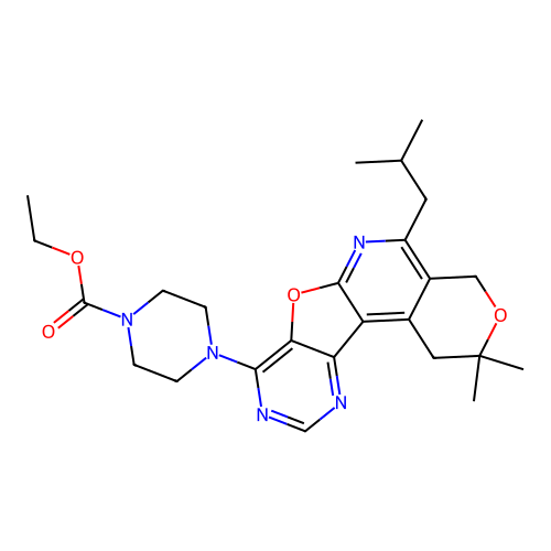 ethyl 4-(5-isobutyl-2,2-dimethyl-2,4-dihydro-1H-pyrano[4'',3'':4',5']pyrido[3',2':4,5]furo[3,2-d]pyrimidin-8-yl)piperazine-1-carboxylate structure