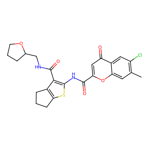 6-chloro-7-methyl-4-oxo-N-{3-[(tetrahydrofuran-2-ylmethyl)carbamoyl]-5,6-dihydro-4H-cyclopenta[b]thiophen-2-yl}-4H-chromene-2-carboxamide structure