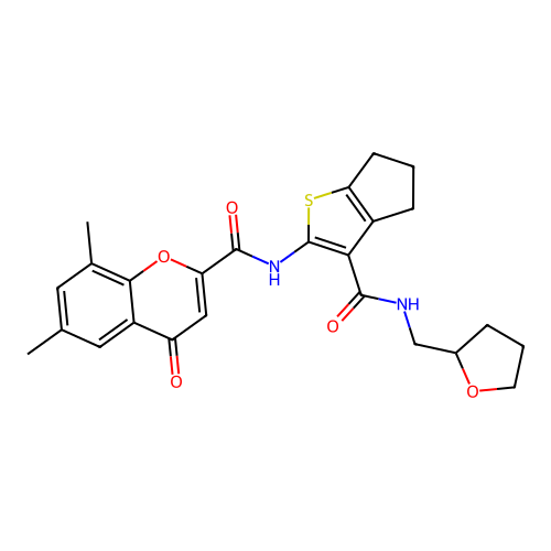 6,8-dimethyl-4-oxo-N-{3-[(tetrahydrofuran-2-ylmethyl)carbamoyl]-5,6-dihydro-4H-cyclopenta[b]thiophen-2-yl}-4H-chromene-2-carboxamide structure