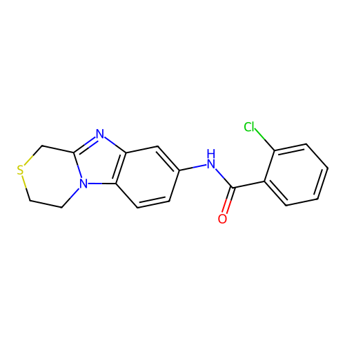 2-chloro-N-(3,4-dihydro-1H-[1,4]thiazino[4,3-a]benzimidazol-8-yl)benzamide structure