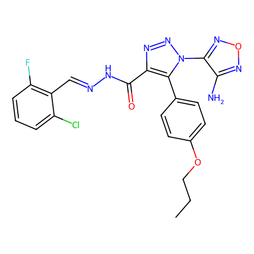 (E)-1-(4-amino-1,2,5-oxadiazol-3-yl)-N'-(2-chloro-6-fluorobenzylidene)-5-(4-propoxyphenyl)-1H-1,2,3-triazole-4-carbohydrazide structure