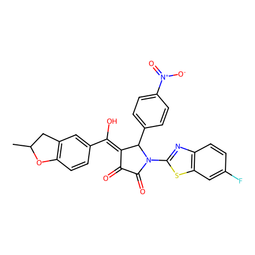 (4E)-1-(6-fluoro-1,3-benzothiazol-2-yl)-4-[hydroxy(2-methyl-2,3-dihydro-1-benzofuran-5-yl)methylidene]-5-(4-nitrophenyl)pyrrolidine-2,3-dione structure