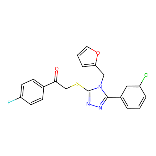 2-((5-(3-chlorophenyl)-4-(furan-2-ylmethyl)-4H-1,2,4-triazol-3-yl)thio)-1-(4-fluorophenyl)ethanone structure