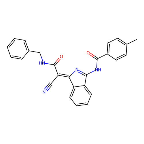 (Z)-N-(1-(2-(benzylamino)-1-cyano-2-oxoethylidene)-1H-isoindol-3-yl)-4-methylbenzamide structure