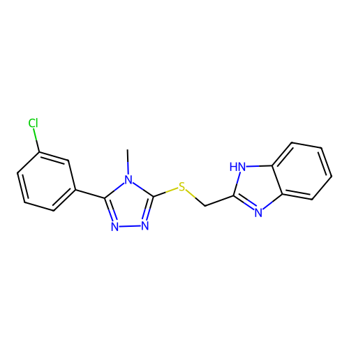 2-(((5-(3-chlorophenyl)-4-methyl-4H-1,2,4-triazol-3-yl)thio)methyl)-1H-benzo[d]imidazole structure