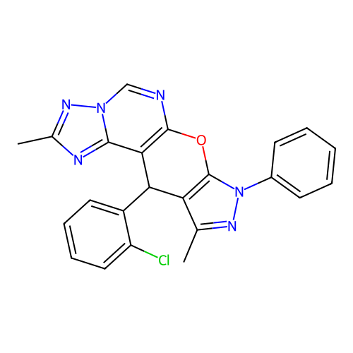 11-(2-chlorophenyl)-2,10-dimethyl-8-phenyl-8,11-dihydropyrazolo[4',3':5,6]pyrano[3,2-e][1,2,4]triazolo[1,5-c]pyrimidine structure