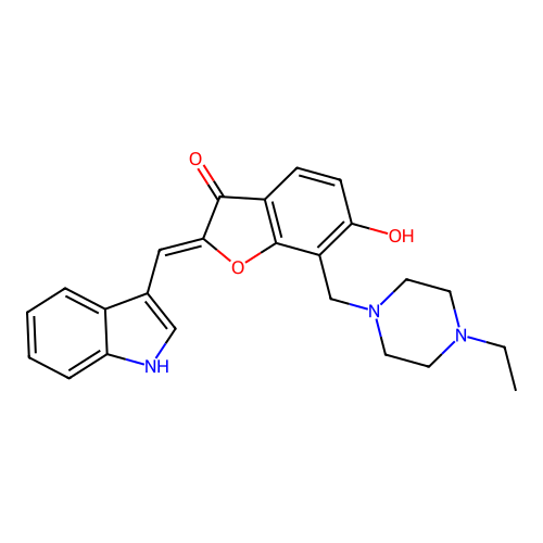 (2Z)-7-[(4-ethylpiperazin-1-yl)methyl]-6-hydroxy-2-(1H-indol-3-ylmethylidene)-1-benzofuran-3(2H)-one structure
