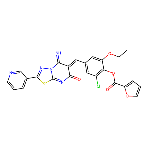 (Z)-2-chloro-6-ethoxy-4-((5-imino-7-oxo-2-(pyridin-3-yl)-5H-[1,3,4]thiadiazolo[3,2-a]pyrimidin-6(7H)-ylidene)methyl)phenyl furan-2-carboxylate structure