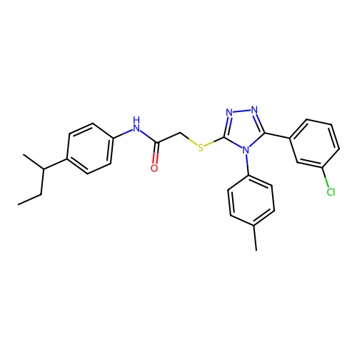 2-[5-(3-chlorophenyl)-4-(4-methylphenyl)(1,2,4-triazol-3-ylthio)]-N-[4-(methyl propyl)phenyl]acetamide structure