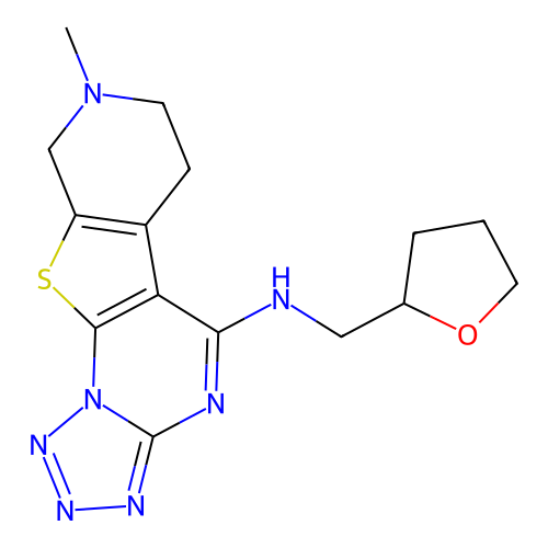 8-methyl-N-((tetrahydrofuran-2-yl)methyl)-6,7,8,9-tetrahydropyrido[4',3':4,5]thieno[3,2-e]tetrazolo[1,5-a]pyrimidin-5-amine structure