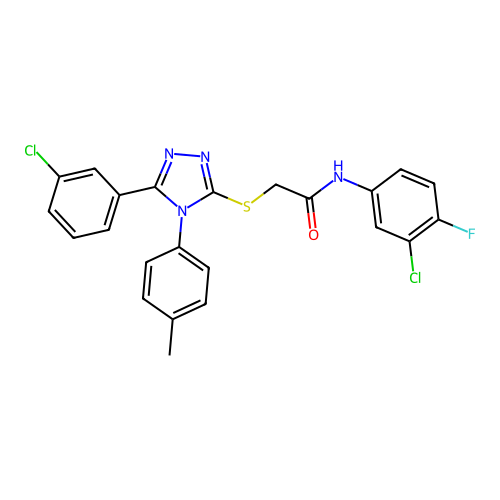 N-(3-chloro-4-fluorophenyl)-2-{[5-(3-chlorophenyl)-4-(4-methylphenyl)-4H-1,2,4-triazol-3-yl]sulfanyl}acetamide structure