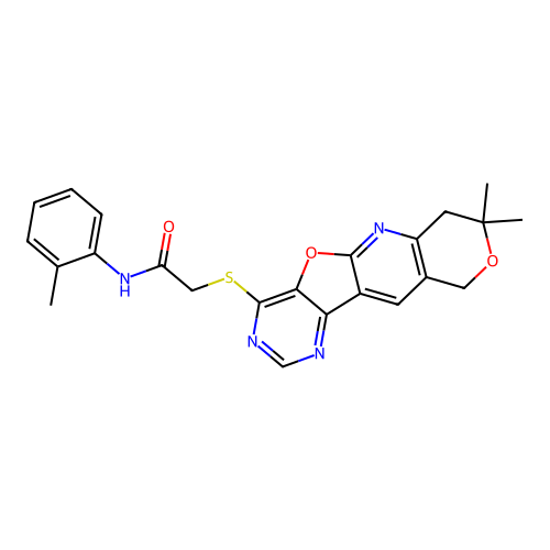 2-[(8,8-dimethyl-7,10-dihydro-8H-pyrano[3'',4'':5',6']pyrido[3',2':4,5]furo[3,2-d]pyrimidin-4-yl)sulfanyl]-N-(2-methylphenyl)acetamide structure