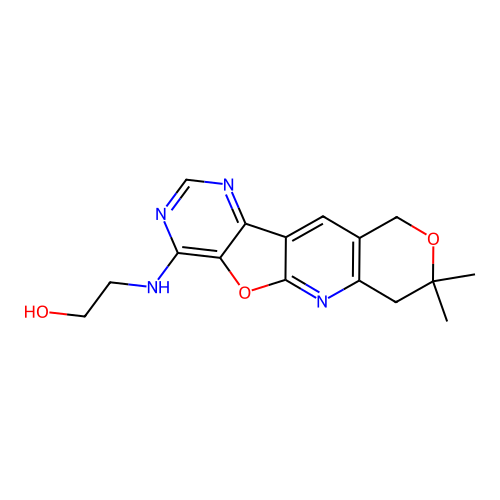 2-((8,8-dimethyl-8,10-dihydro-7H-pyrano[3'',4'':5',6']pyrido[3',2':4,5]furo[3,2-d]pyrimidin-4-yl)amino)ethanol structure