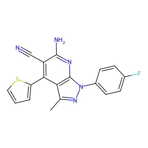 6-amino-1-(4-fluorophenyl)-3-methyl-4-thiophen-2-yl-5-pyrazolo[3,4-b]pyridinecarbonitrile structure